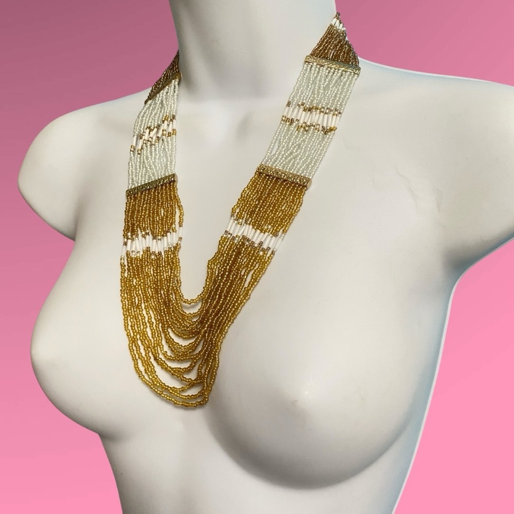 Gold & Cream Handwoven Seed beads Multi-Strand Statement Necklace